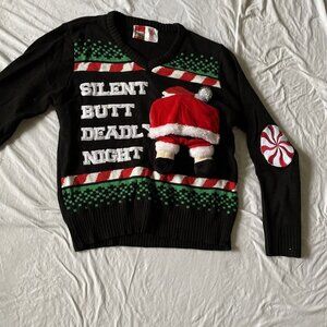 Silent Butt Deadly Night Ugly Christmas Sweater With 3D Santa Butt Design & Pepp